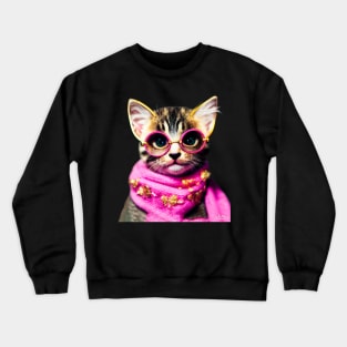 Kitten with pink scarf and glasses Crewneck Sweatshirt